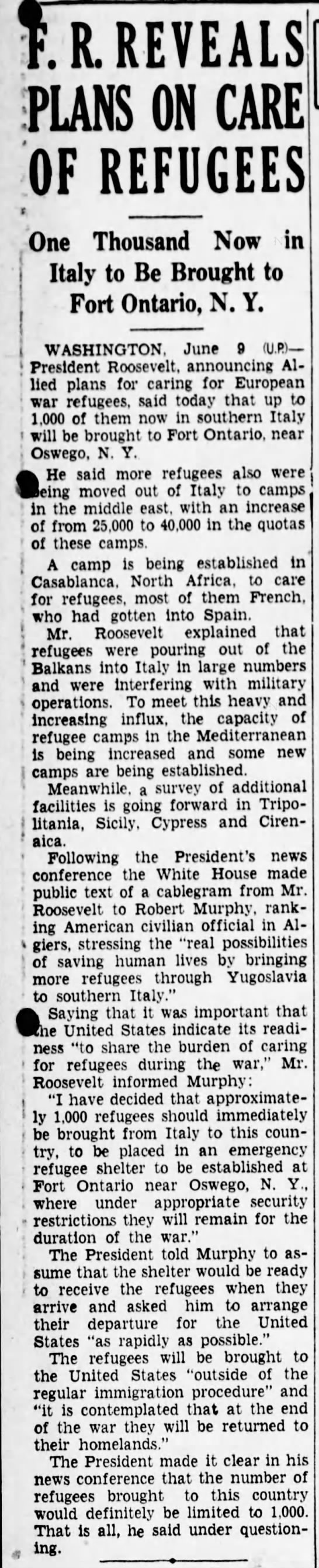 F.R. Reveals Plans on Care of Refugees (6/9/44) - 