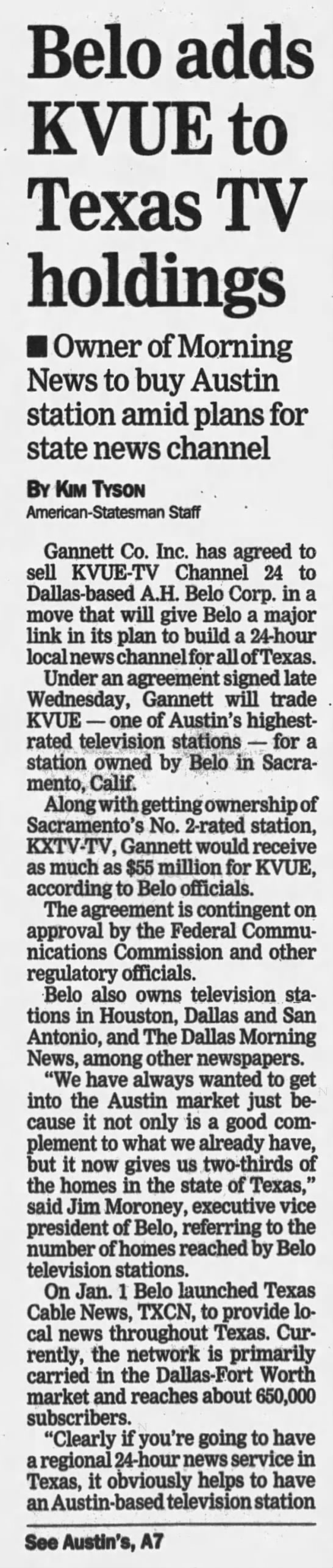 Belo adds KVUE to Texas TV holdings - 