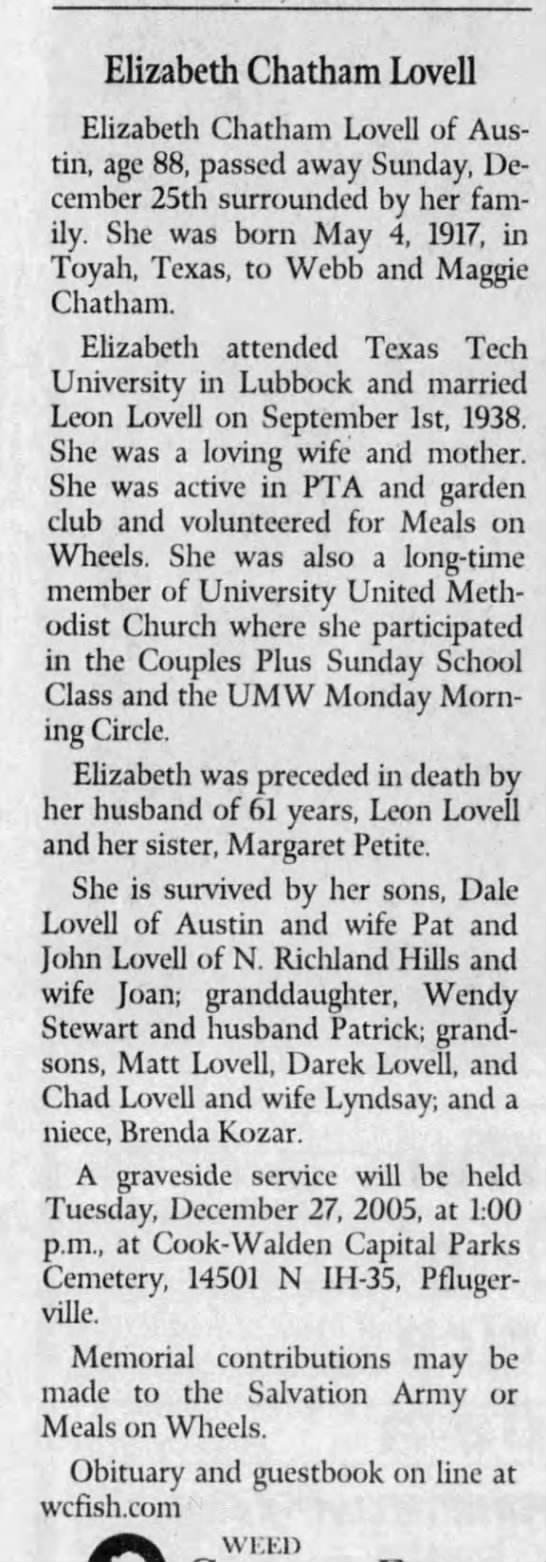 Obituary for Elizabeth Chatham Lovell (Aged 88)