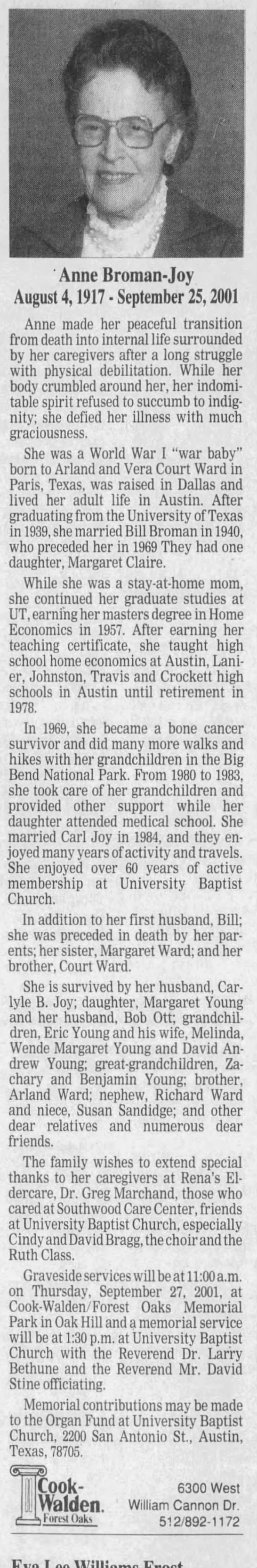 Obituary for Anne Broman-Joy, 1917-2001 - 