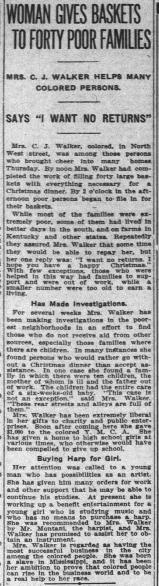 Madam C.J. Walker donates Christmas dinners to 40 needy families in Indianapolis - 