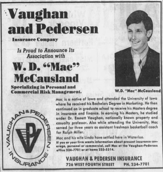 Mac McCausland, Vaughan and Pedersen Insurance, 9/1/1970 - 
