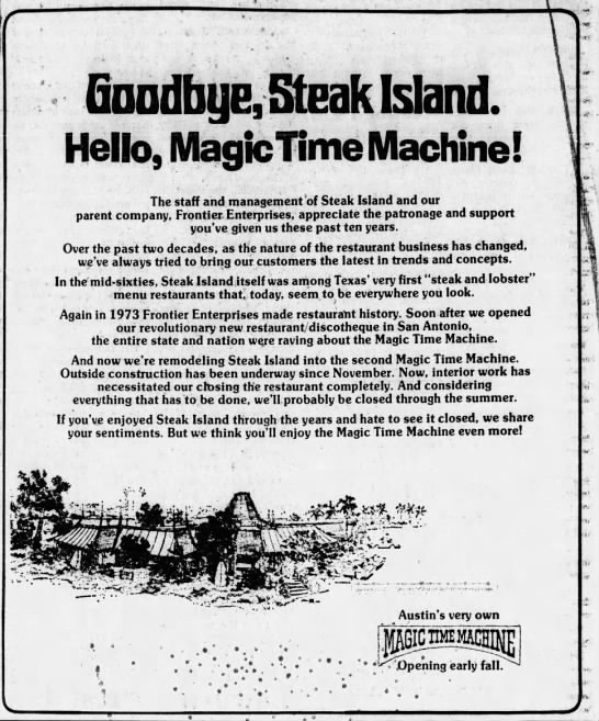 Goodbye, Steak Island. Hello, Magic Time Machine! - Austin - 