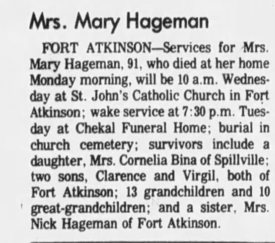 Obituary for Mary Hageman (Aged 91) - 