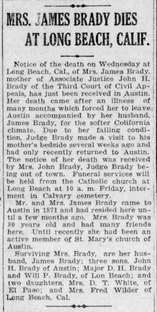 Mrs. James Brady Dies at Long Beach, Calif. - 