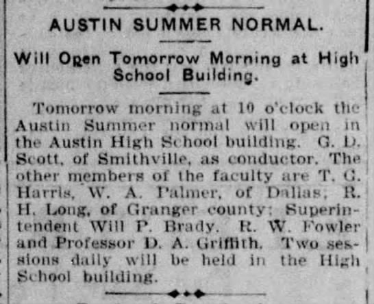Austin Summer Normal: Will Open Tomorrow Morning at High School Building - 