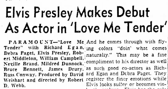 November 15, 1956 - Elvis make film debut in Love Me Tender. - 