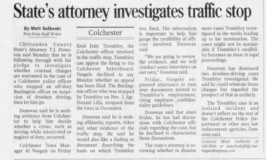2008: Colchester PD officer let Burlington PD officer go on suspicion of drunken driving - 