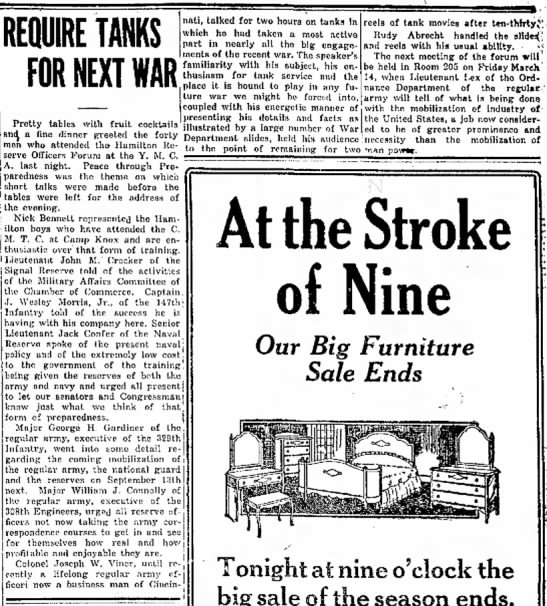 "Require Tanks for Next War" (Joseph W. Viner), The Hamilton [Ohio] Daily News, 1 March 1924, 3 - 