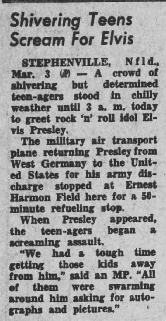 Elvis Presley's army air transport plane greeted by screaming teenagers. - 