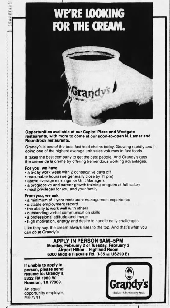 Grandy's Want Ad 1987 - 