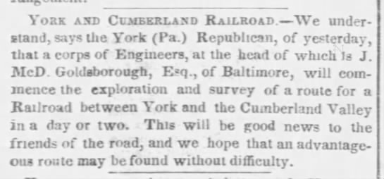 Goldsborough surveys for York Cumberland Railroad - 