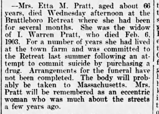 Etta Pratt, patient at the Brattleboro Retreat, passes away - 