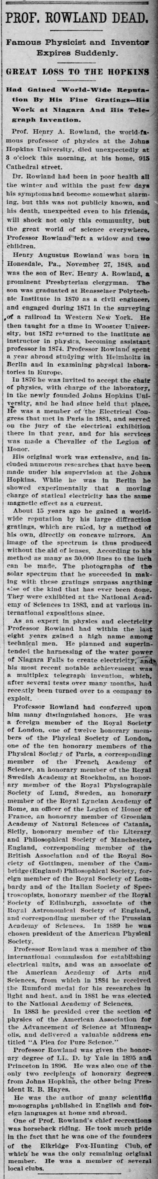 Rowland, Prof, Dead, Baltimore Sun, Tue 16 Apr 1901, p.1, col.8 - 