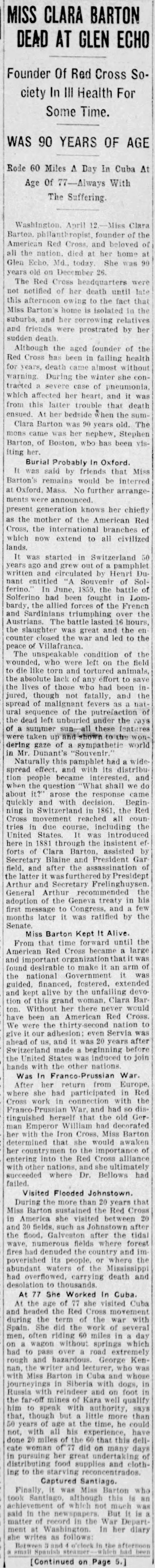 Excerpt from Clara Barton obituary printed in Baltimore paper on April 12, 1912, day of her death - 