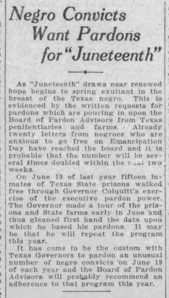 "Negro Convicts Want Pardons for 'Juneteenth'" - 