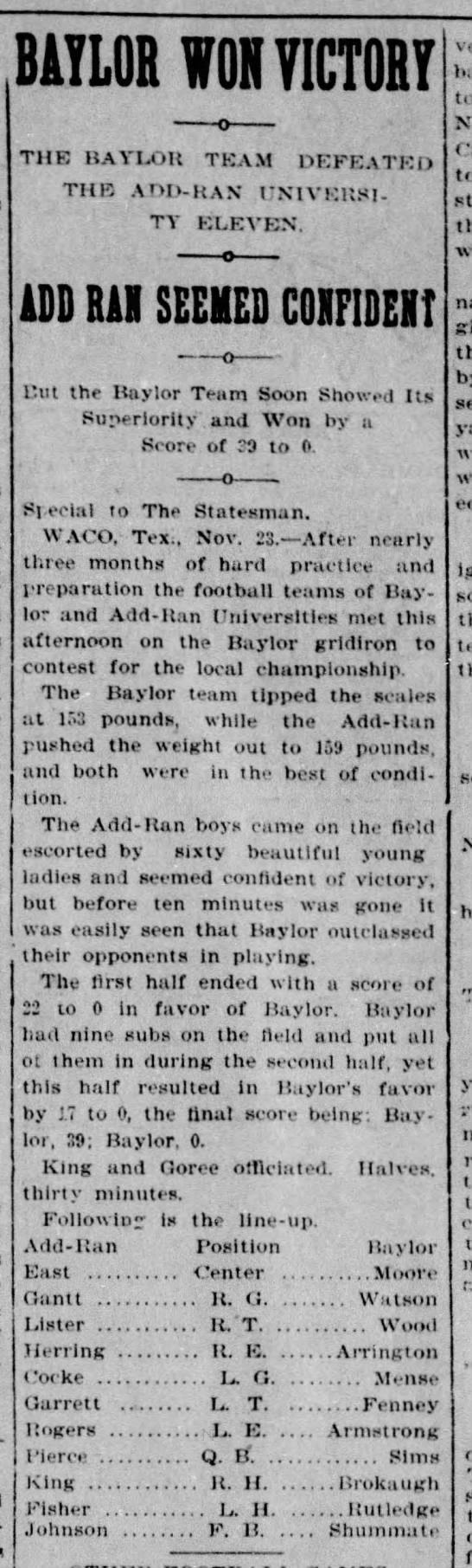 Baylor Won Victory: The Baylor Team Defeated the Add-Ran University Eleven - 