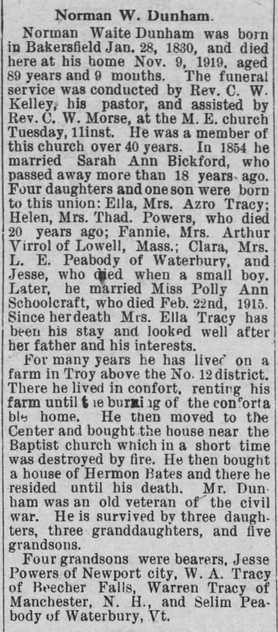 Obituary for Norman Waite Dunham, 1830-1919 (Aged 89) - 