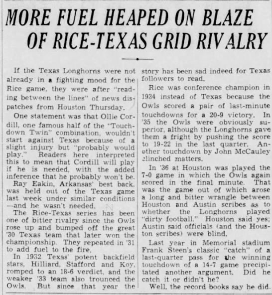 More Fuel Heaped on Blaze of Rice-Texas Grid Rivalry - 
