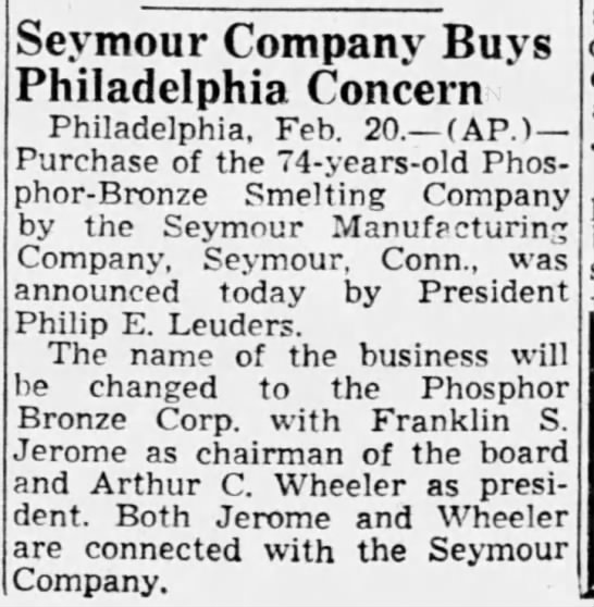 Phosphor Bronze sold to Seymour Mfg., Seymour CT - 