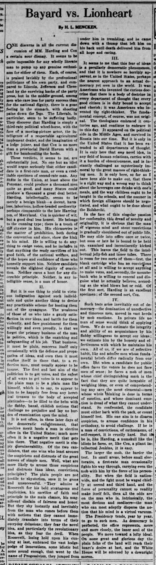 H.L. Mencken article, 26 Jul 1920, The Evening Sun (Baltimore, Maryland), "Bayard vs. Lionheart" - 