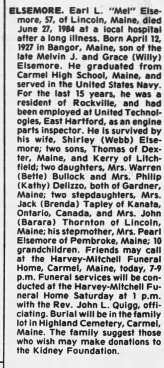 Obituary for Earl L. ELSEMORE, 1927-1984 (Aged 57)