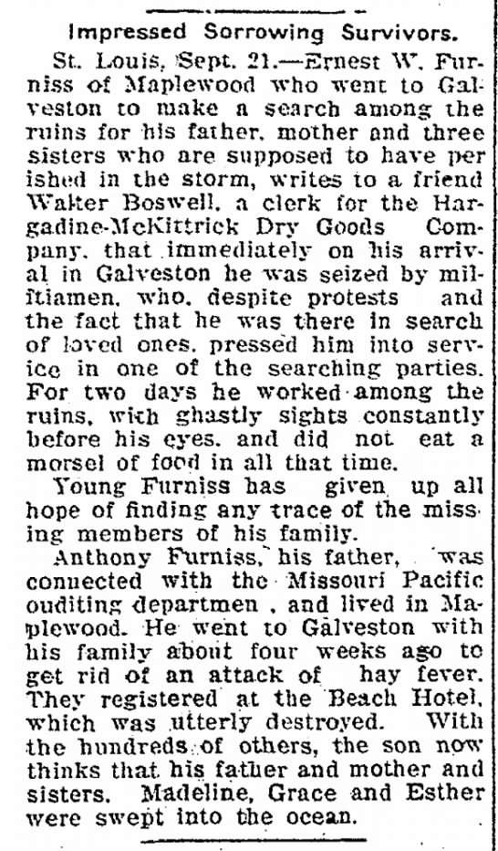 Ernest Furniss searches for family lost in the Galveston Hurricane of 1900 - 