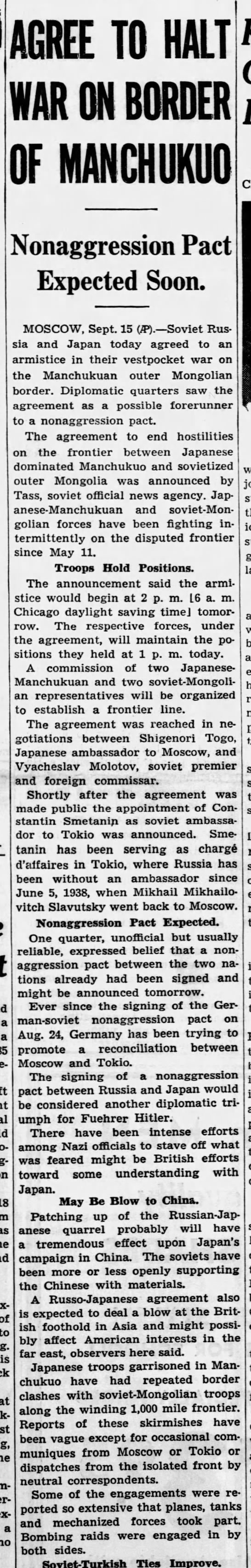 Japan and Soviet Union agree to an armistice prior to Soviet invasion of Poland - 