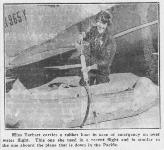 Image of Amelia Earhart in her plane's rubber emergency boat - 