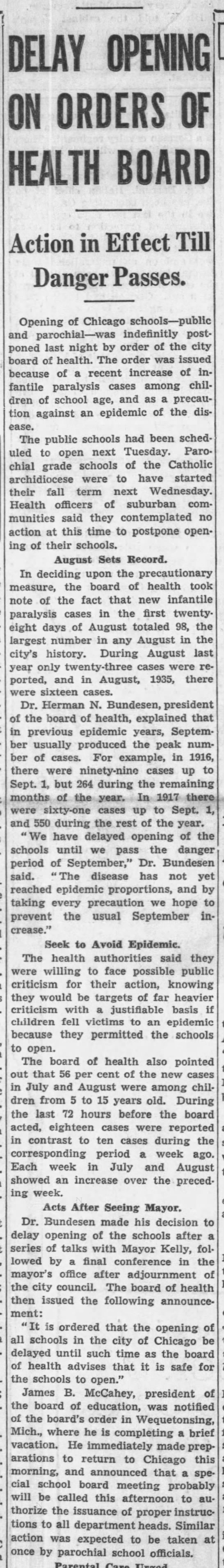 Delay Opening on Orders of Health Board. Chicago Tribune. 9.1.1937 - 