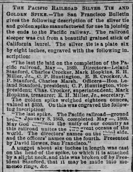 Description of Transcontinental Railroad laurel tie and golden spike used at completion ceremony - 