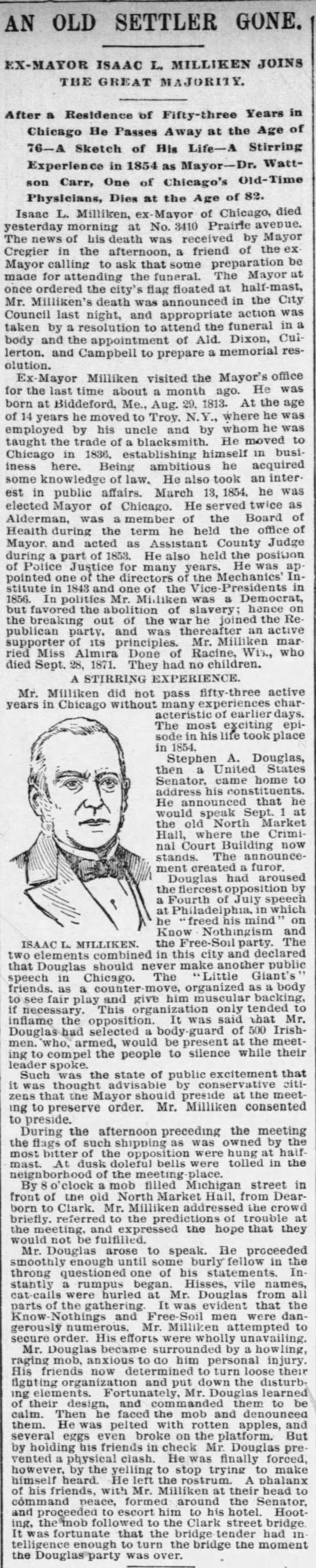 Isaac L Milliken- ex Mayor, death announcement and tributes detailed. - Dec 1889 - 