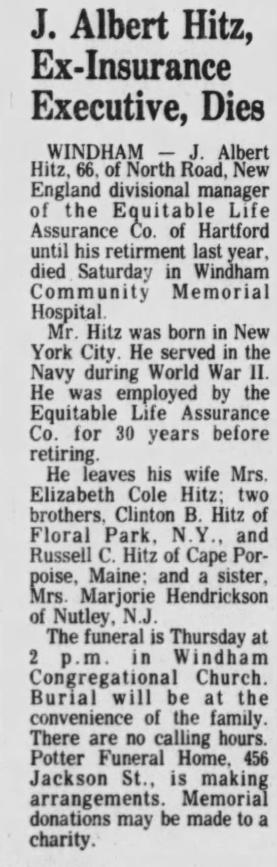 Obituary for J. Albert Hitz (Aged 66) - 