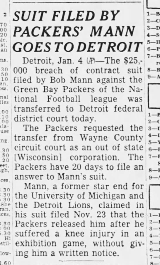 Suit Filed by Packers' Mann Goes to Detroit - 