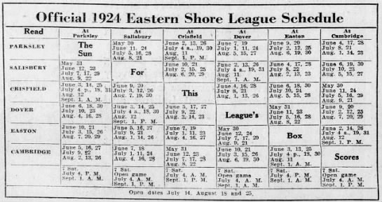 1924 Eastern Shore League schedule - 