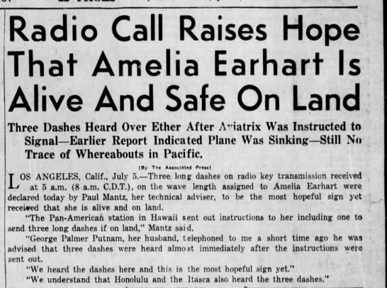 Radio Call Raises Hope that Amelia Earhart is Alive and Safe on Land - 