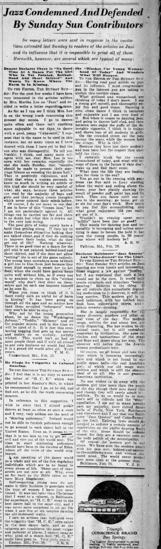 Letters to the editor express pro and con opinions about jazz music in 1922 - 