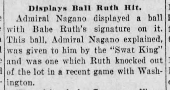 Osami Nagano Babe Ruth HR Ball 1927 - 