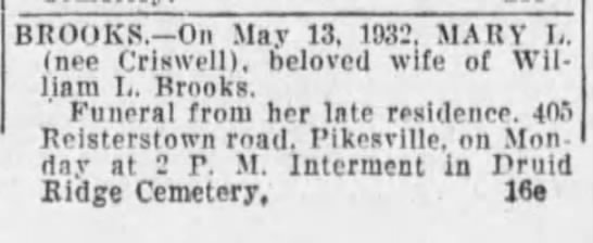 Mary Criswell Brooks death