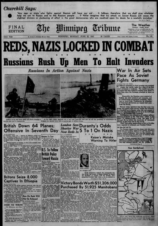 "Reds, Nazis Locked in Combat; Russians Rush Up Men to Halt Invaders" - 