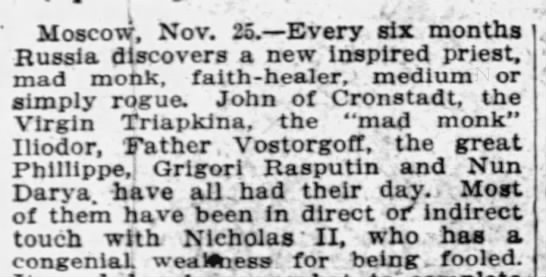 Rasputin mentioned in a 1911 newspaper article - 