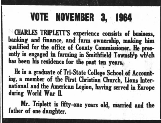 Charles Triplett election 1964- Waterloo, Indiana