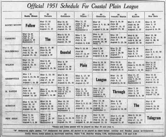 1951 Coastal Plain League schedule - 