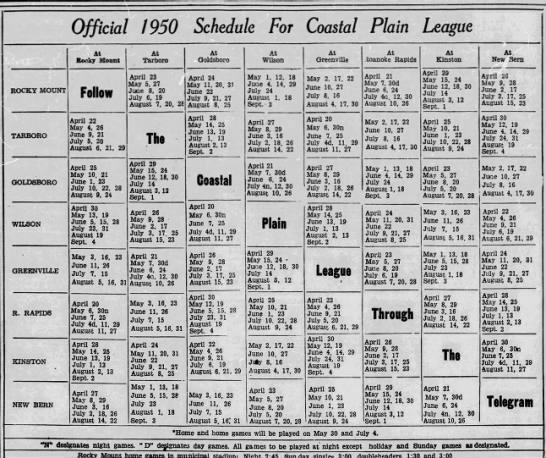 1950 Coastal Plain League schedule - 