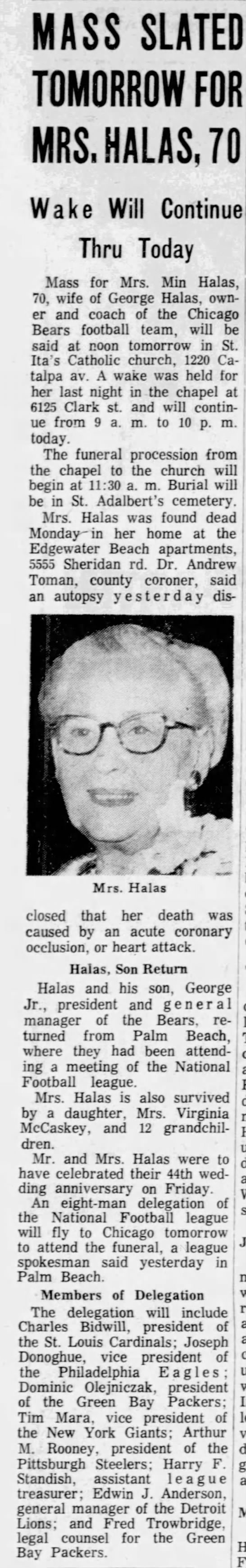 Mass slated tomorrow for Mrs. Halas, 70 - 