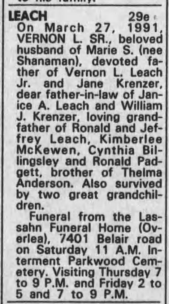Vernon Lee Leach Sr Obituary