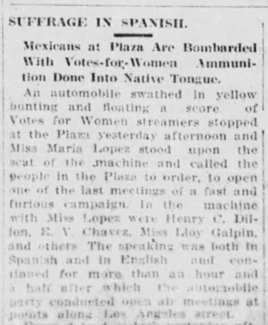 Maria de Lopez and others hold bilingual women's suffrage meetings from a car in California, 1911 - 