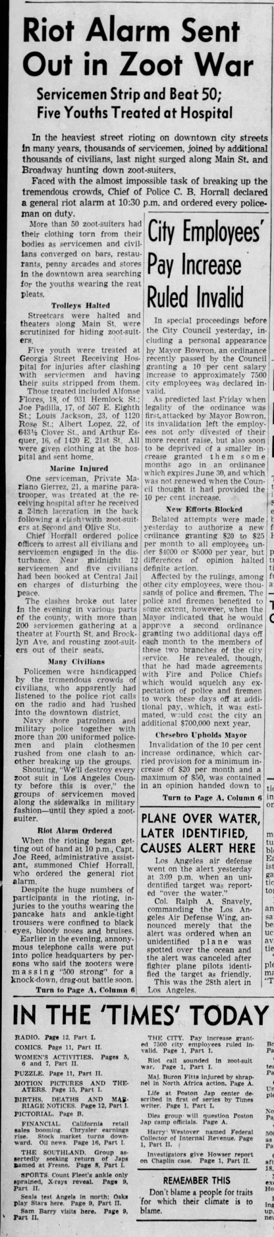 Los Angeles Times coverage of the Zoot Suit Riots in June 1943 - 
