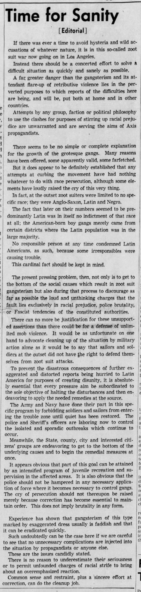 Los Angeles Times editorial blames Zoot Suit Riots on "gangsterism" not "race persecution" - 