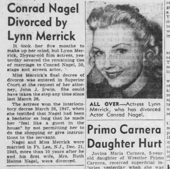 1948 divorce of actress Lynn Merrick and actor Conrad Nagel. - 